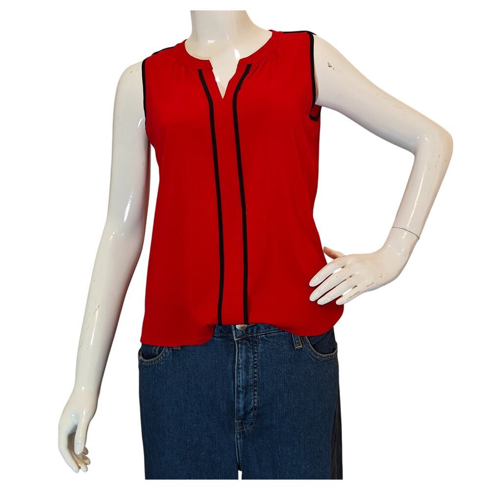 Calvin Klein Red Sleeveless Blouse Black Trim V-Neck Work Top S M